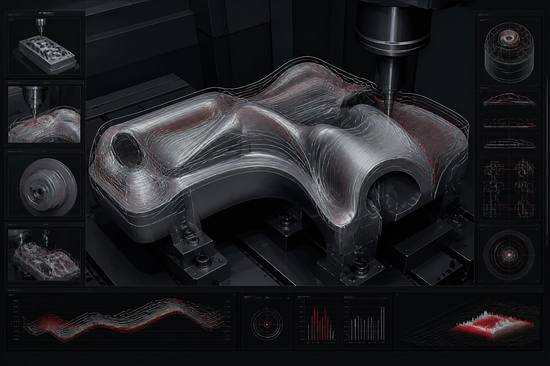HyperMill toolpaths and Vericut simulation overlaid on a billet workpiece