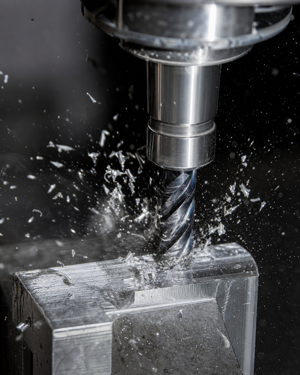 Roughing cutter machining aluminium, spraying bright silver chips