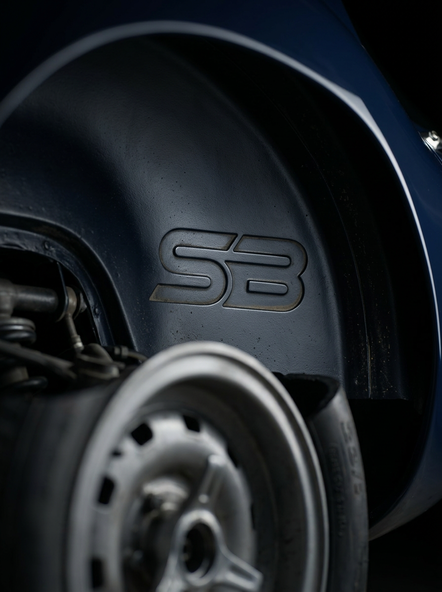 Close-up of the embossed SB logo on the black anodised wheelbase stand