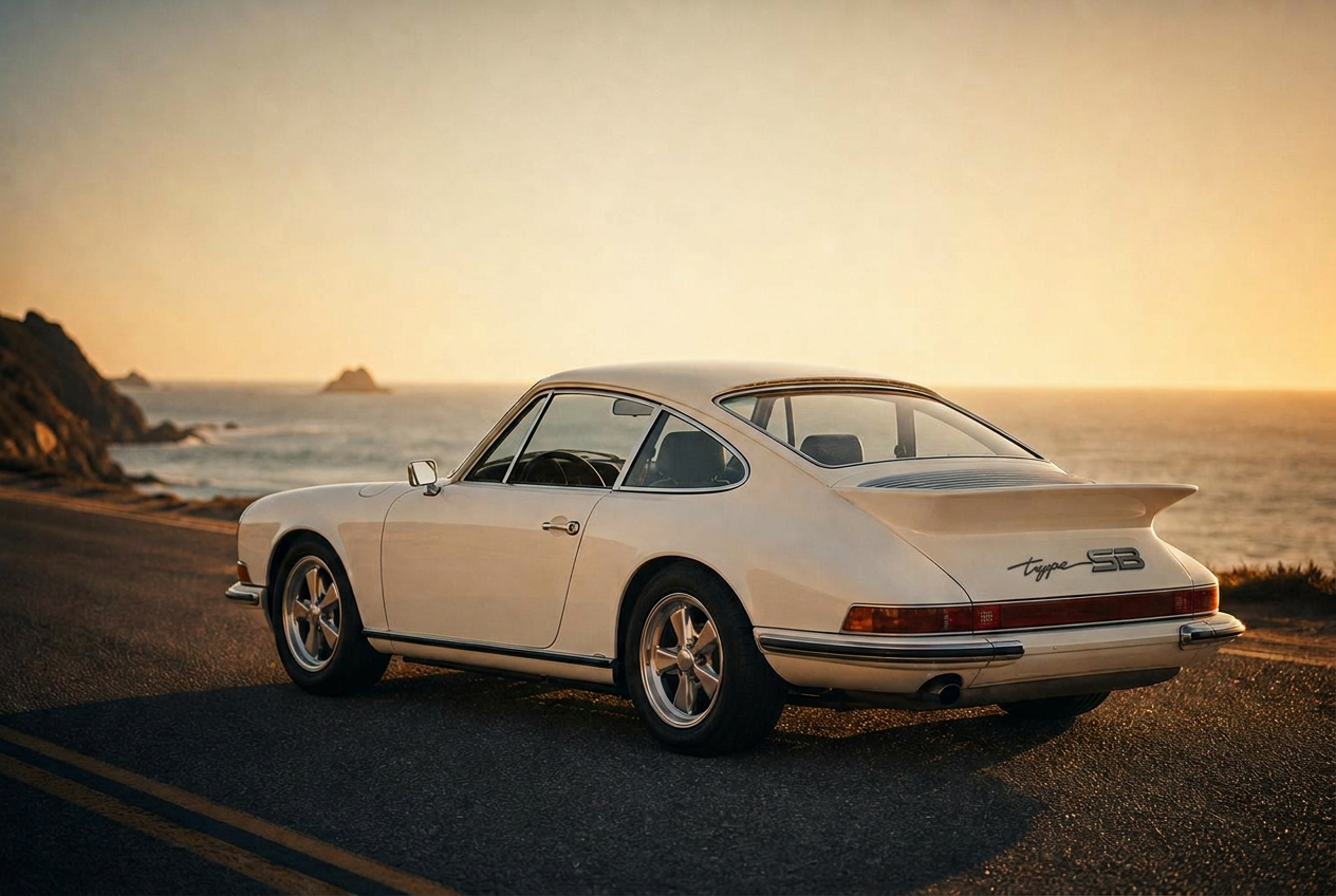 A 1970s rear-engined silhouette at golden hour